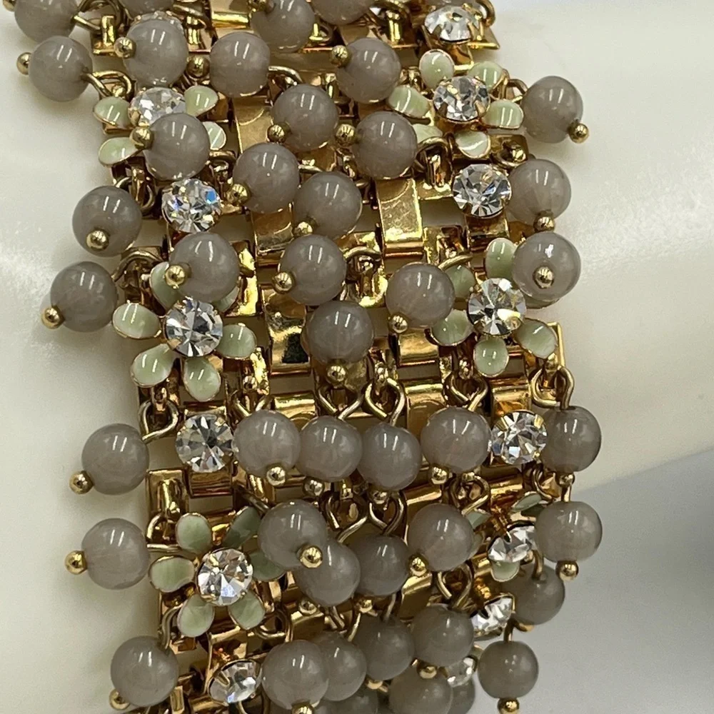 J.Crew Cluster Crystal Flowers Grey Lucite Beads Signed‎ Statement Bracelet